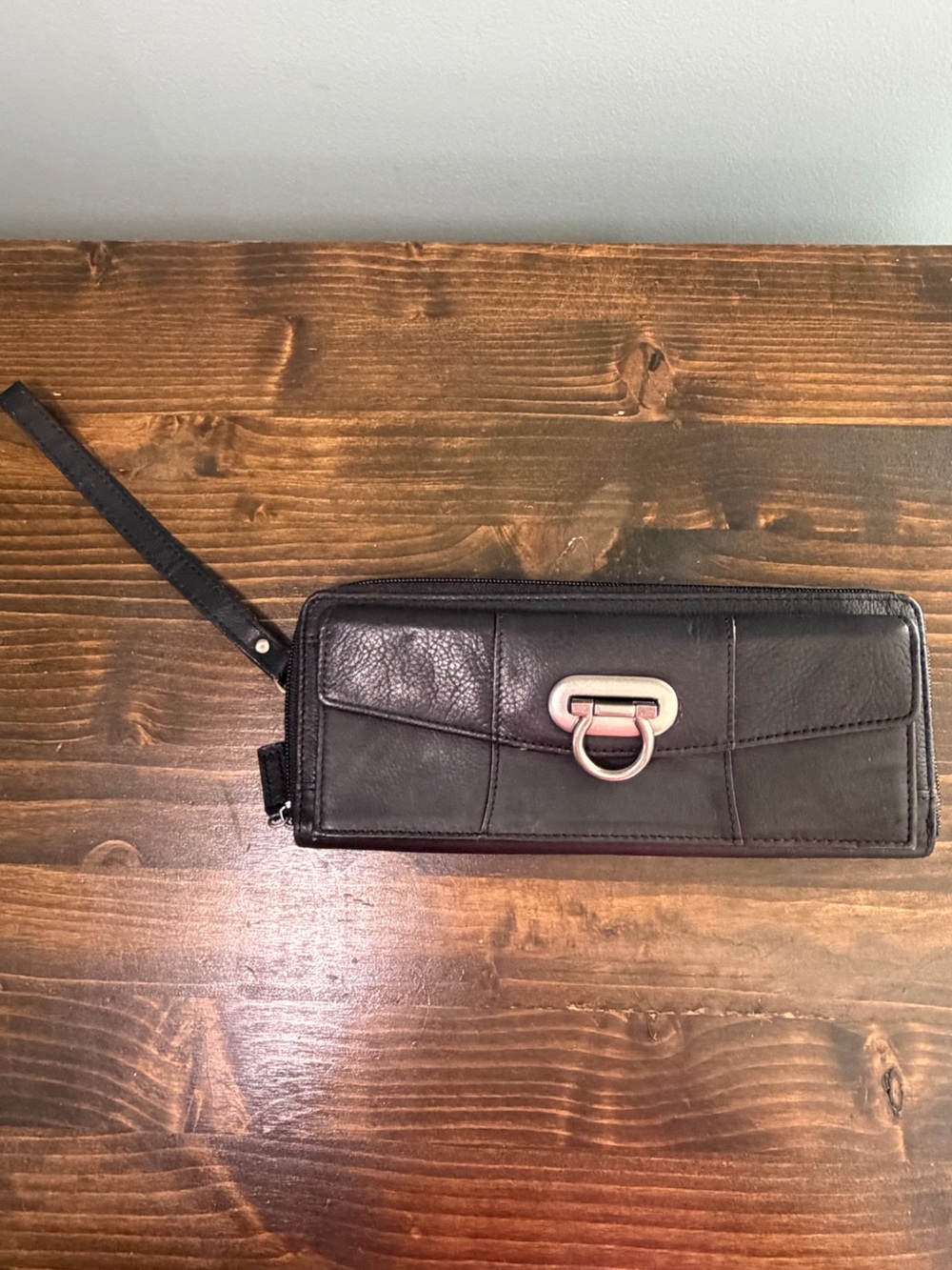 Long Black Genuine Leather Wristlet or Clutch Wallet with Silver Hardware